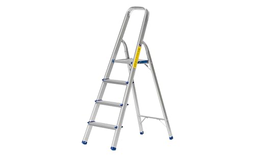 The Workplace Depot 4-Step Aluminium Step Ladder with Anti-Slip Feet & Handrail, 150kg Max Capacity, Lightweight & Easy to Store, Perfect for Kitchen, Office & Household Use (4 Tread)