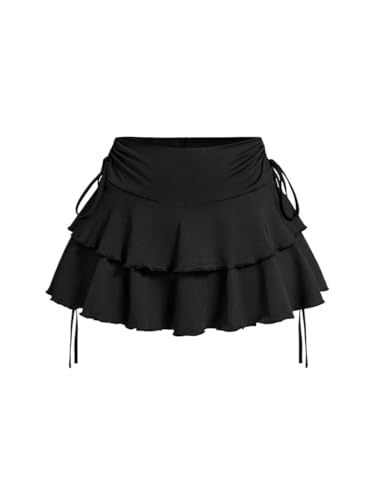 Womens Summer Casual Plain Mid Waist Ruffle Hem Drawstring High Stretch Skirt Black