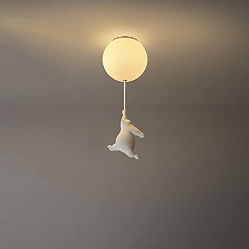 Popertr Cartoon Anime Polar Bear Pendant Lamp Cute Bear Catching Balloon Ceiling Light White Teddy Bear Confession Chandelier with Warm Glass Shade for Infant Kid Bedroom Balcony Vestibule