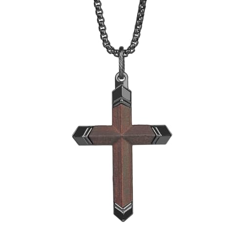 Wooden Cross Necklace for Men Wood Inset in Stainless Steel