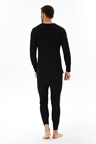 Base Layer Merino Wool 100% Natural Top Bottom Men's Old Fashion Thermal Long Johns Set Leggings Midweight Long Sleeve Shirt (Black - Set, Large) #TOP3