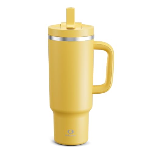 Image of ENCOOL 40 oz Tumbler with Handle and Straw: Stainless Steel Insulated Tumbler Keeps Cold for 24 Hours, Leakproof Travel Cup Fits in Cup Holder and BPA-Free,Elfin Yellow