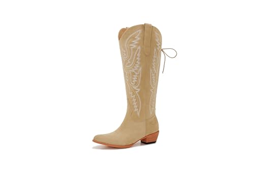 Image of Uillnoodu Wide Calf Cowboy Boots Women Adjustable Lace Up Knee High Tall Plus Size Cowgirl Boots Western Style Comfortable 2-Inch Heel