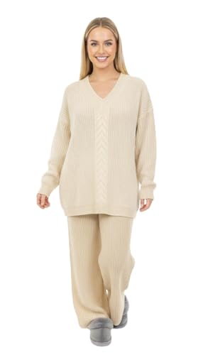 BIWTUP Womens V Neck Heavy Knit Cable Co-Ord Set Lounge Wear Tracksuit – 2 Piece Cozy Sweater Top & Pants, Warm Winter Loungewear Outfit for Casual & Home Comfort