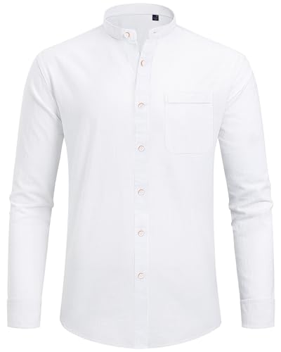 J.VER Men's Cotton Linen Long Sleeve Shirts Casual Button Down Banded Collar Shirt Beach Summer Tops with Pocket2
