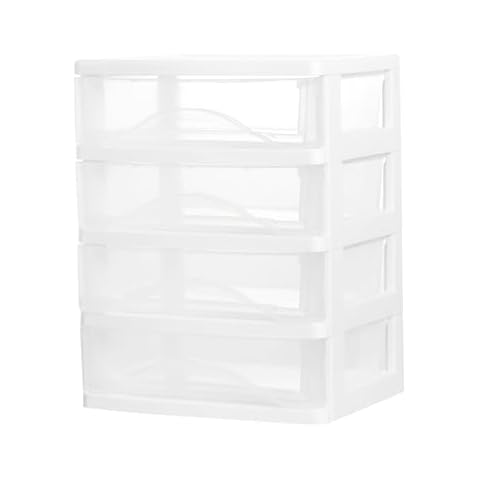 BYCY Plastic Stackable Storage 4 Drawers, White Bathroom Makeup Organizer with Wide Clear Drawers Tabletop Drawer Organizer for Desk,Countertop at Home, Office, School Cover
