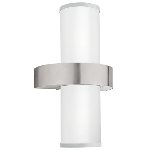 EGLO Außen-Wandlampe Beverly, 2 flammige Außenleuchte, Wandleuchte aus Edelstahl in Silber und Glas in Weiß satiniert, E27 Fassung, IP44