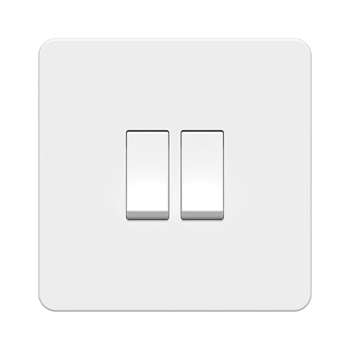 LIDER 2-Gang Screwless Light Switch, 1-Way/2-Way, UKCA Certified, Plastic Screwless Faceplate, RoHS Compliant, Heat & Fade Resistant, Round Edges, 16A, Glossy Finish, White