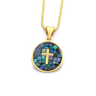 Collier chaîne plaqué Or avec pendentif croix en nacre naturelle pour femme et homme