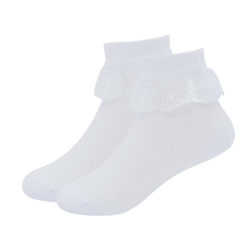 Snegyu Girls White Frilly Ankle Socks Back to School Lace Top Cotton Rich Dance Socks for 3-5 Years