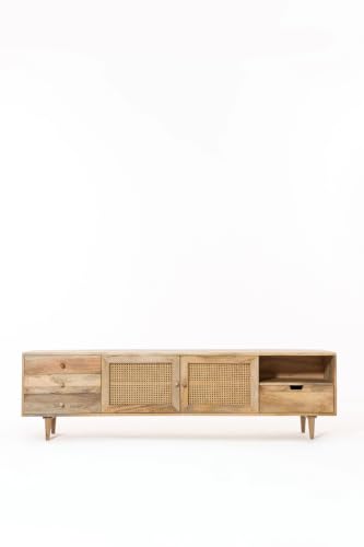 Image of Wooden TV Unit for Living Room | Solid Wood TV Cabinet with Rattan Doors | TV Stand for 65 Inch TV | Mid Century Entertainment Unit | Easy Assembly (Natural TK-26)