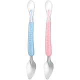 VICASKY Doppelkopf Obstlöffel aus Edelstahl und Silikon Rutschfester Griff Geeignet für Brei Fruchtpüree 2 Stück Blau Pink