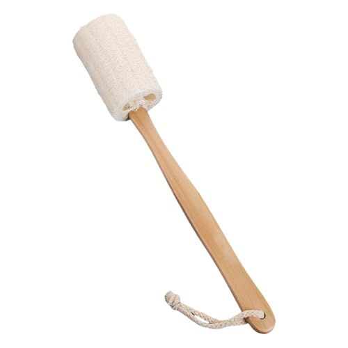 Esponja de lufa para la espalda, cepillo de baño, herramienta de limpieza corporal de 37 x 10 cm con mango largo de madera, esponja de ducha con asas dobles para un fácil alcance, accesorio para el