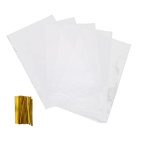 BEBEMOKO 100 bolsas de embalaje para golosinas, galletas y postres para regalos de fiesta de cumpleaños y celebraciones de 18 x 30 + con lazos incluidos