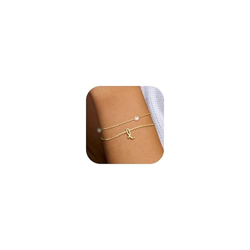 Dochais Bracciale d'oro da donna con lettere - Bracciali con iniziali placcati in oro 14K set di bracciali di perle impermeabili per donne e ragazze