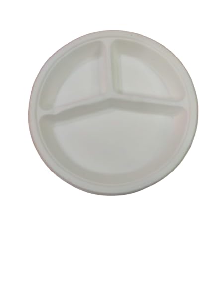 Round Biodegradable Plate with 3 Compartments | Medium Round Suitable for Snacks | Disposable Plates | Biodegradable Paper Plates | Birthday & Party (10 inch, 25)