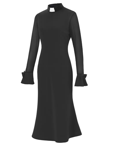 Trumpet Long Sleeve Mesh Church Dress Clergy Tab Insert Collar Priestess Dress2
