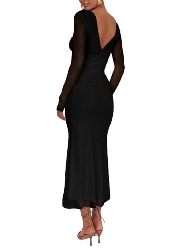 Aisbei Women's Elegant Bodycon Maxi Dress Long Sleeve Boat Neck Backless Dress Party Cocktail Formal Wedding Guest Dresses2