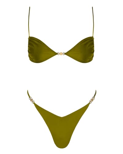 VOLAFA Women's Triangle Bikini Set Tie Solid Sexy Thong Cheeky Two Piece Swimsuit Bathing Suit (Medium, Amy Green)