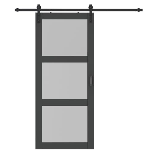 Image of 36 in. x 84 in. 3 Lite Pre Assembled Frosted Glass Black MDF Interior Sliding Barn Door with Hardware Kit Door Handle