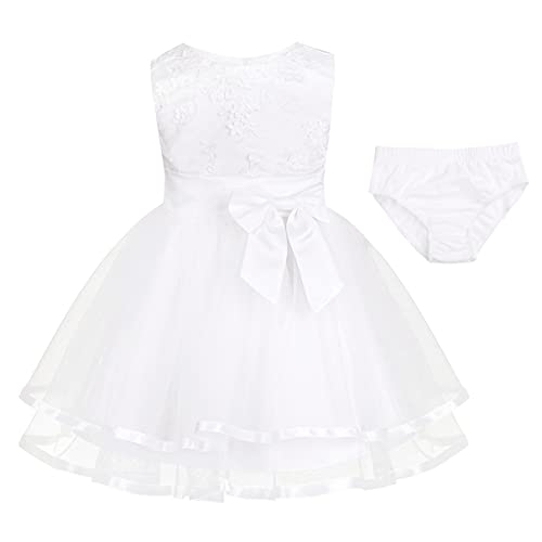 inhzoy Bébé Fille Robe Princesse Soirée Cérémonie Robe Baptême Anniversaire Mesh Organza Robe Demoiselle d'honneur Mariage Mariée avec Bloomer Culotte de Nuit 0-24 Mois Blanc 12-18 Mois Cover