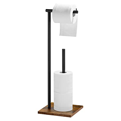 トイレットペーパーホルダー 置き型 木製棚付き 自立式ティッシュペーパーホルダースタンドバスルーム用 予備収納 4本用 ホルダー付き 茶色 収納スペース十分 サニタリー ラック 立っている紙