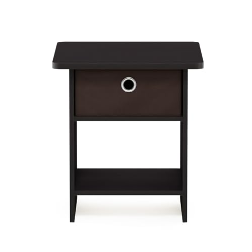 Image of Furinno Dario End Table / Side Table / Night Stand / Bedside Table with Bin Drawer, 1-Pack, Dark Walnut | 1x Storage Bin, Round Corner Night Stand with Open Back Shelf, Bedside Table, for Living Room, Bedroom
