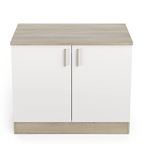 Meuble bas de cuisine coloris chêne kronberg, blanc - Longueur 100 x Hauteur 85 x Profondeur 60 cm -PEGANE-
