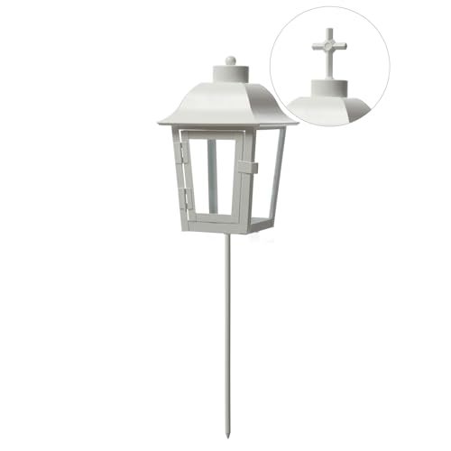 Grablaterne Grablicht 2 wechselbare Spitzen (kugel, Kreuz) Grableuchte mit Erdspieß Grablampe Friedhofslaterne Gartenlaterne weiß (Laterne ohne Kerze)
