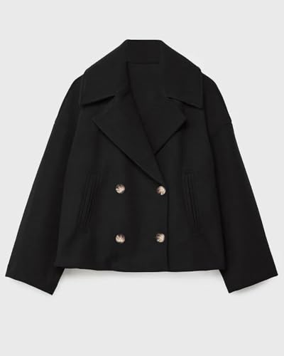 CHARTOU Women Cropped Wool Blend Coats Notch Lapel Double Breasted Pea Coat Jacket Short Trench Overcoat2