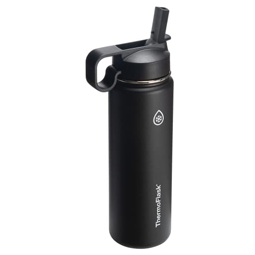 Thermoflask Double Wall Vacuum Stainless Steel Insulated Water Bottle With Two Lids, 24 Ounce, Black #TOP4