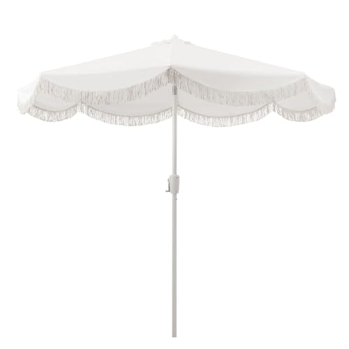 Tempera 9ft Auto Tilt Scalloped Patio Umbrellas with Fringe, Outdoor Table Umbrellas with Fade Resistant Canopy, 8 Sturdy Rids, Luxurious Vintage Umbrellas for Lawn, Pool, Deck, Balcony by Tempera - Used condition - US$135.99