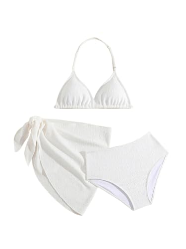 SHENHE Girl's 3 Pieces Halter Triangle Bikini Sets Spaghetti Strap Swimsuit Smocked Bathing Suit with Beach Skirt