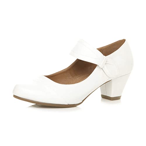Womens Ladies mid Heel Mary Jane Strap Smart Work Comfort Court Shoes, 7 UK, White Matte