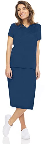 MediChic Women's Scrubs Set Stretch V-Neck Scrubs Skirt Set with 5-Pocket Knitwaist Scrub Skirt, Navy, Medium