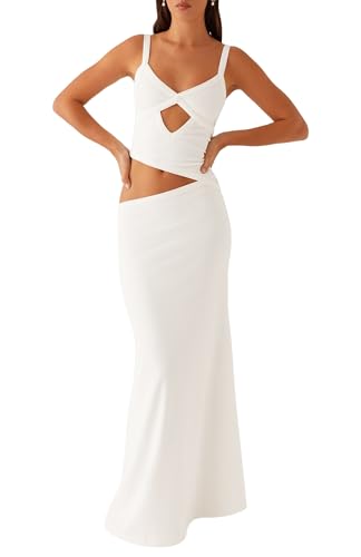 Image of NUFIWI Women Bodycon Spaghetti Strap Cutout Maxi Dress Hollow Sexy Fitted Dresses Sleeveless Stretch Slip Long Dress