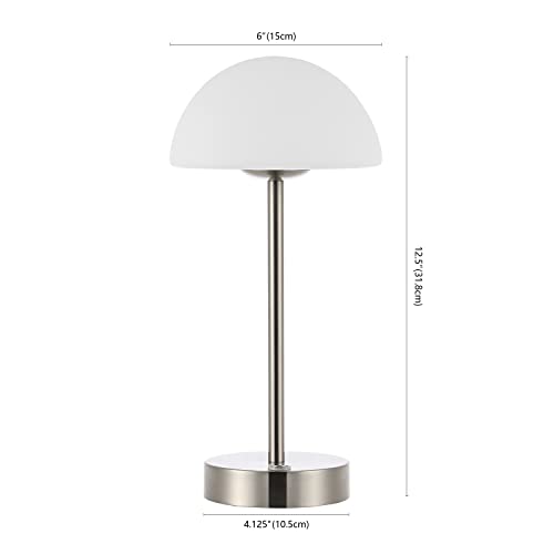 Image of JONATHAN Y Xavier 12.5 inch Metal Cordless LED Table Lamp, Nickel | Rechargeable, Dimmable Touch Sensor, White Frosted Glass Dome, Portable Minimalist Accent Light, Integrated Bulb Included