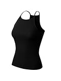 MixMatchy Women's Simple Casual Basic Active High Neck Ribbed Tank Top Black M