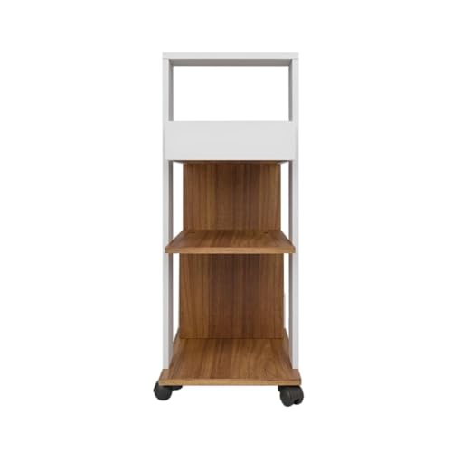 Image of Barista Bar Trolley 3-Tier Engineered Wood Rolling Bar Cart, Wine Serving Cart with Wheels and Seasoning Rack, Ideal for Dining Room Trolley - White and Leon Teak Finish