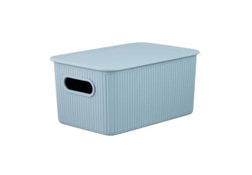 Image of Superio Ribbed Collection - Decorative Plastic Basket Open Home Storage Bins Organizer, Blue Container Boxes for Organizing Closet Storage Bins for Shelves (Bin with Lid- Medium (5 Liter), 1 Pack)