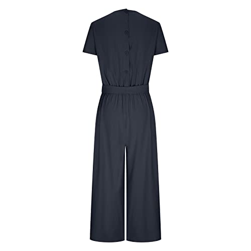 Women Cotton Linen Jumpsuit, Ladies Solid Color Dungarees Elastic High Waist Romper Straight Leg Bib Overalls Short Sleeve Playsuit with Belt Bodysuit, Summer Breathable Jumpsuits Plus Size - Image 4