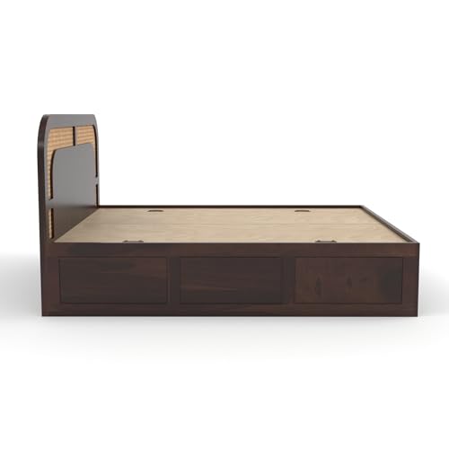 Image of Sheesham Wood Cane Bed with Box Storage for Bedroom | King Size Wooden Double Bed Palang with Curved Rattan Headboard (Walnut Finish)