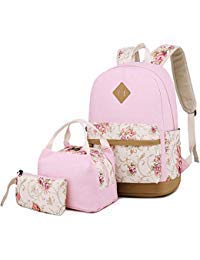School Backpacks for Teen Girls Lightweight Canvas Backpack Bookbags Set (Pink)