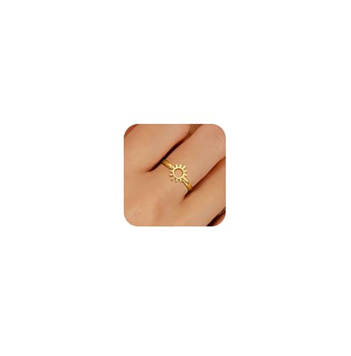 925 Sterling Silver Sunburst Ring for Women 14K Gold Plated Dainty Sun Symbol Stackable Rings to Daughter Mother Solar Celestial Trendy Jewelry for Her Valentines Wedding Gifts Size 6-9 (Gold 8)