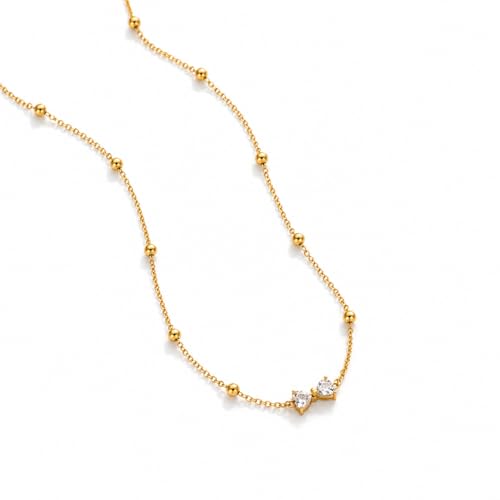 Image of Gold Plated Stainless Steel Bow Pendant Necklace, Anti Tarnish, Cubic Zirconia Charm, Beaded Chain