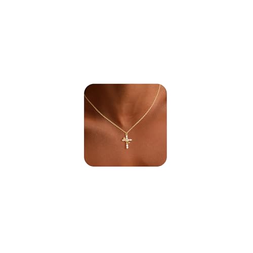 Cross Necklace for Women - Dainty 14K Gold Plated Crown Cross Cubic Zirconia Pearl Pendant Choker Necklace Small Trendy Gold Necklaces Non Tarnish Gold Jewelry Easter Christian Faith Gifts