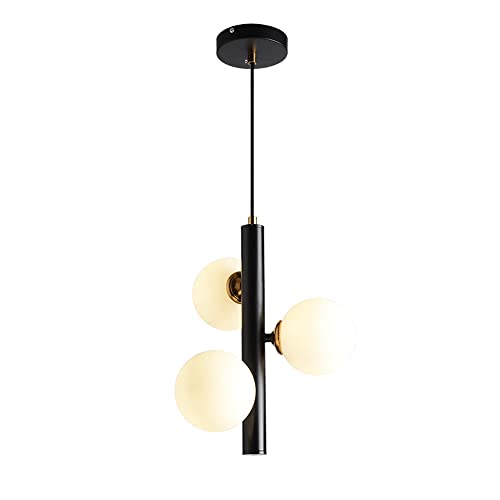 LEOSHI Lustres de salle à manger à 3 lumières, suspension en métal noir avec abat-jour boule de verre, luminaire G9, lampes suspendues minimalistes...