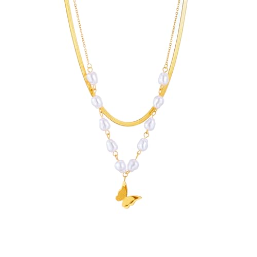 Collier papillon perles 2 couches femme et chaine clavicule cadeau de fete