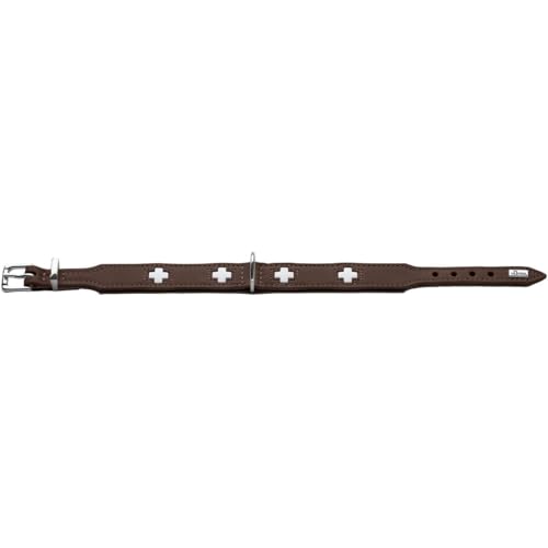 HUNTER Hundehalsband SWISS, Farbe: braun/schwarz, weiches Rindnappaleder, handvernähte Schweizer Kreuze, langlebig und komfortabel, hochwertige Handarbeit, Made in Germany, Größe: M-L (60)
