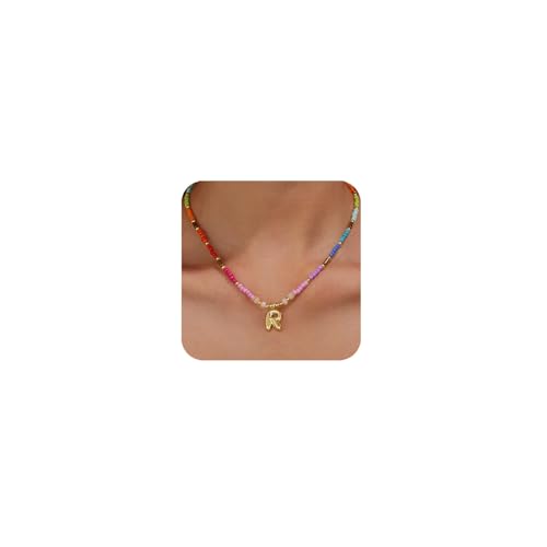 OPFIV Collares coloridos con inicial de cuentas para mujer, chapados en oro de 14 quilates, lindas cuentas de burbujas, collar de verano, arcoíris, bohemio, gargantilla delicada y moderna para ella